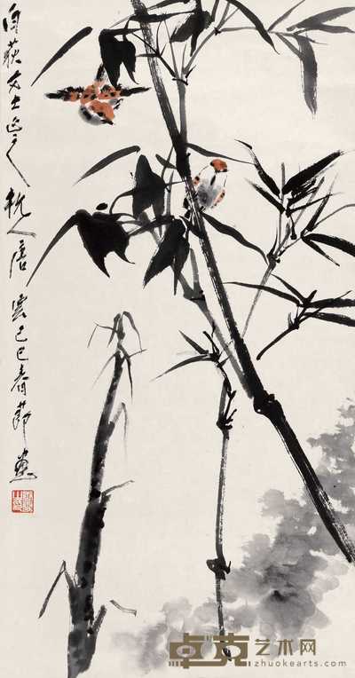 唐云 1989年作 竹雀图 立轴 68×44.5cm